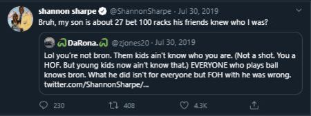 Shannon Sharpe tweets at a hater who criticizes him in a tweet.